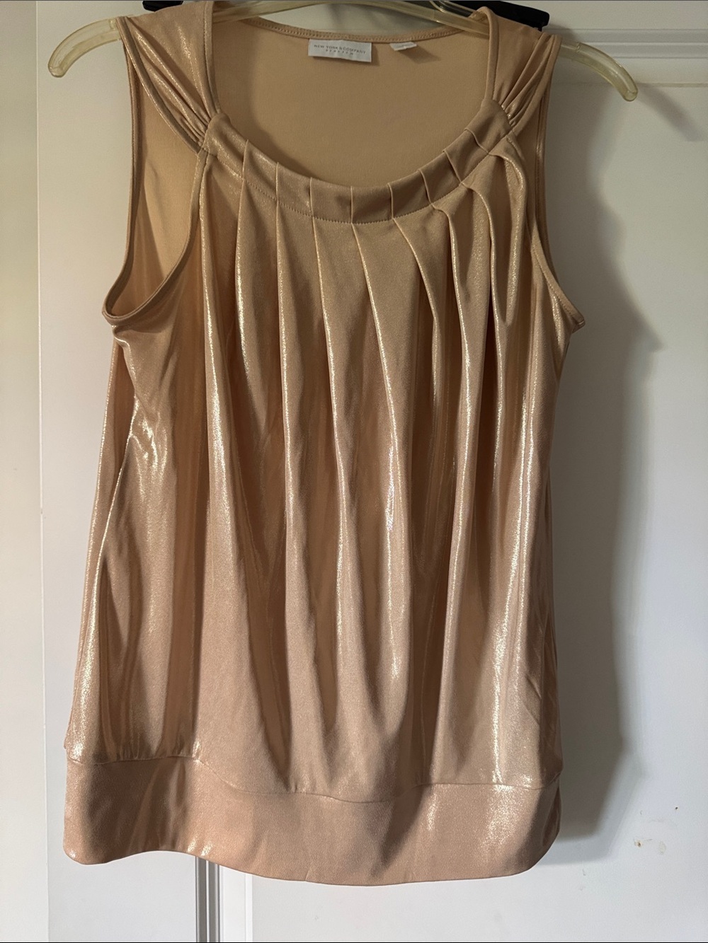New York & Company Shimmery Beige Pleated Sleeveless Tank